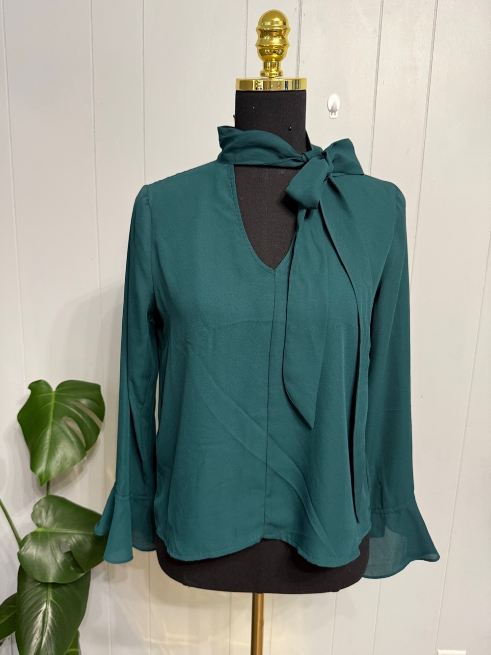 #1)  Shinestar Teal Tie-Neck Long Sleeve Blouse with Flared Cuffs